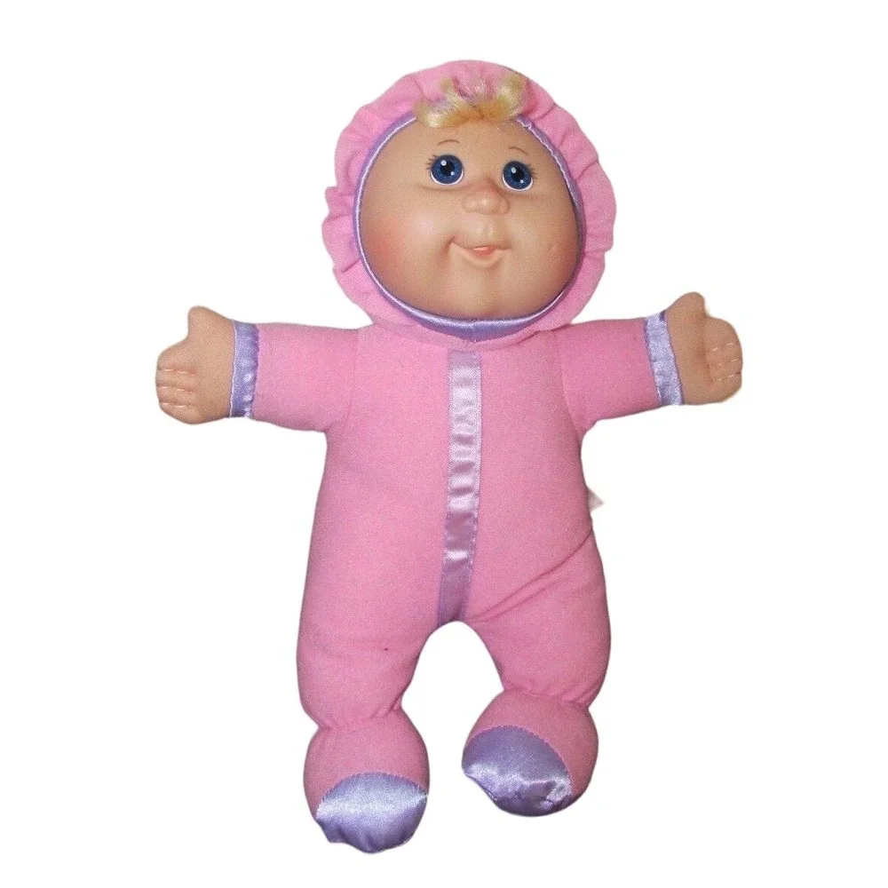 Cabbage Patch Kids Baby Doll pink plush felt body purple satin trim vinyl face